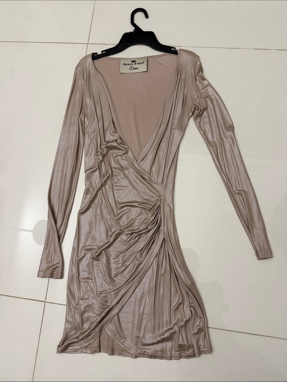 Taupe Shimmer Wrap-Front Long Sleeve Dress